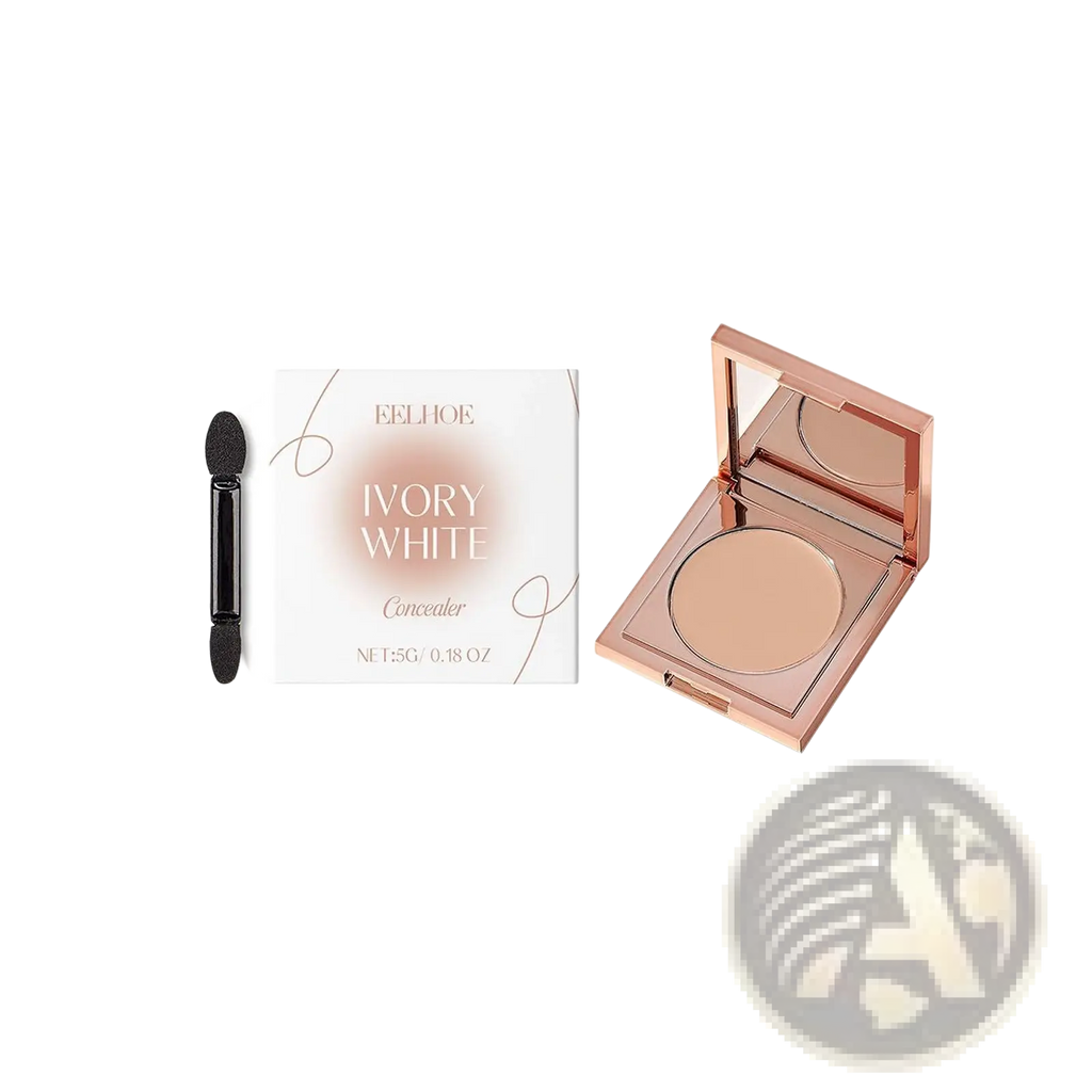 Rose gold compact eye concealer with creamy ivory white powder and applicator for sensitive skin coverage