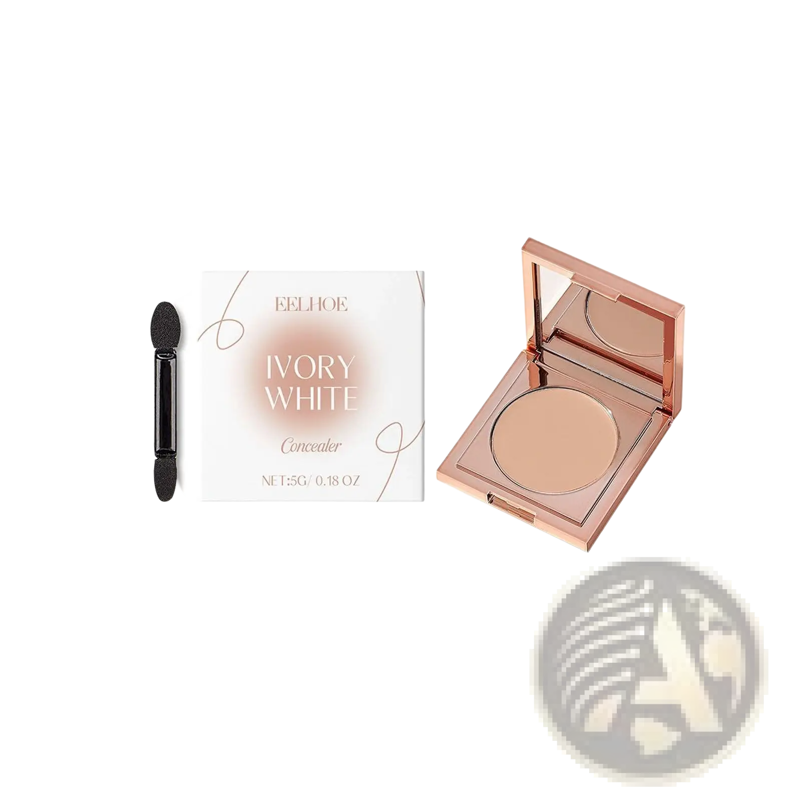 Rose gold compact eye concealer with creamy ivory white powder and applicator for sensitive skin coverage