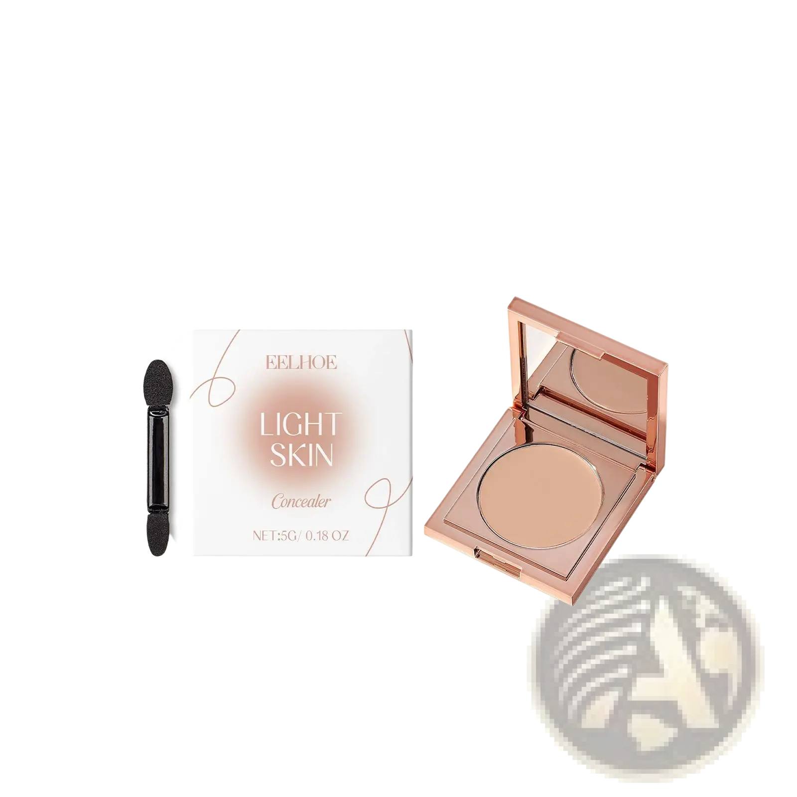 Rose gold compact containing light skin eye concealer for sensitive skin with matching applicator brush and creamy coverage