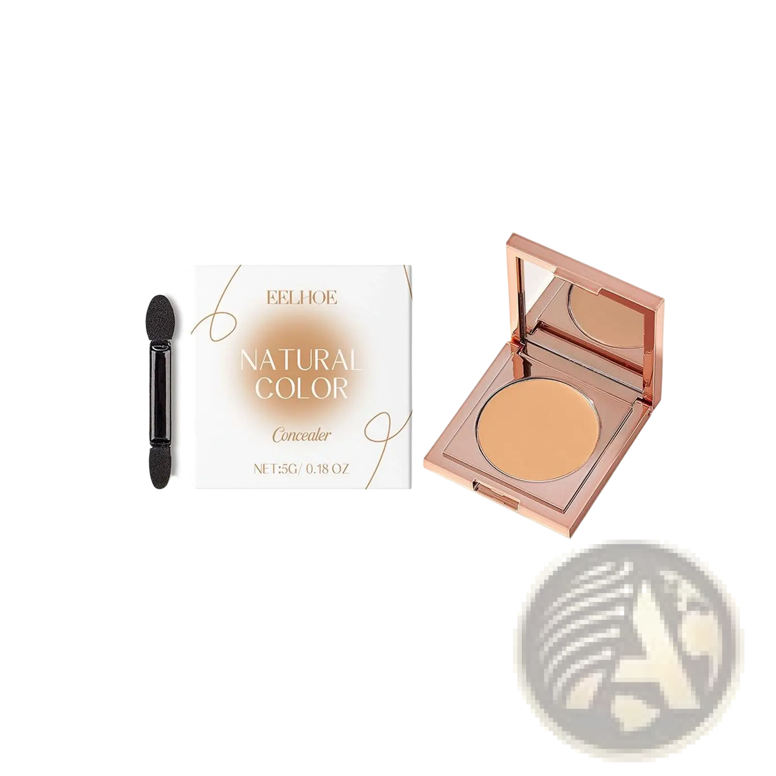 Rose gold compact eye concealer for sensitive skin with creamy beige powder and black sponge-tipped applicator