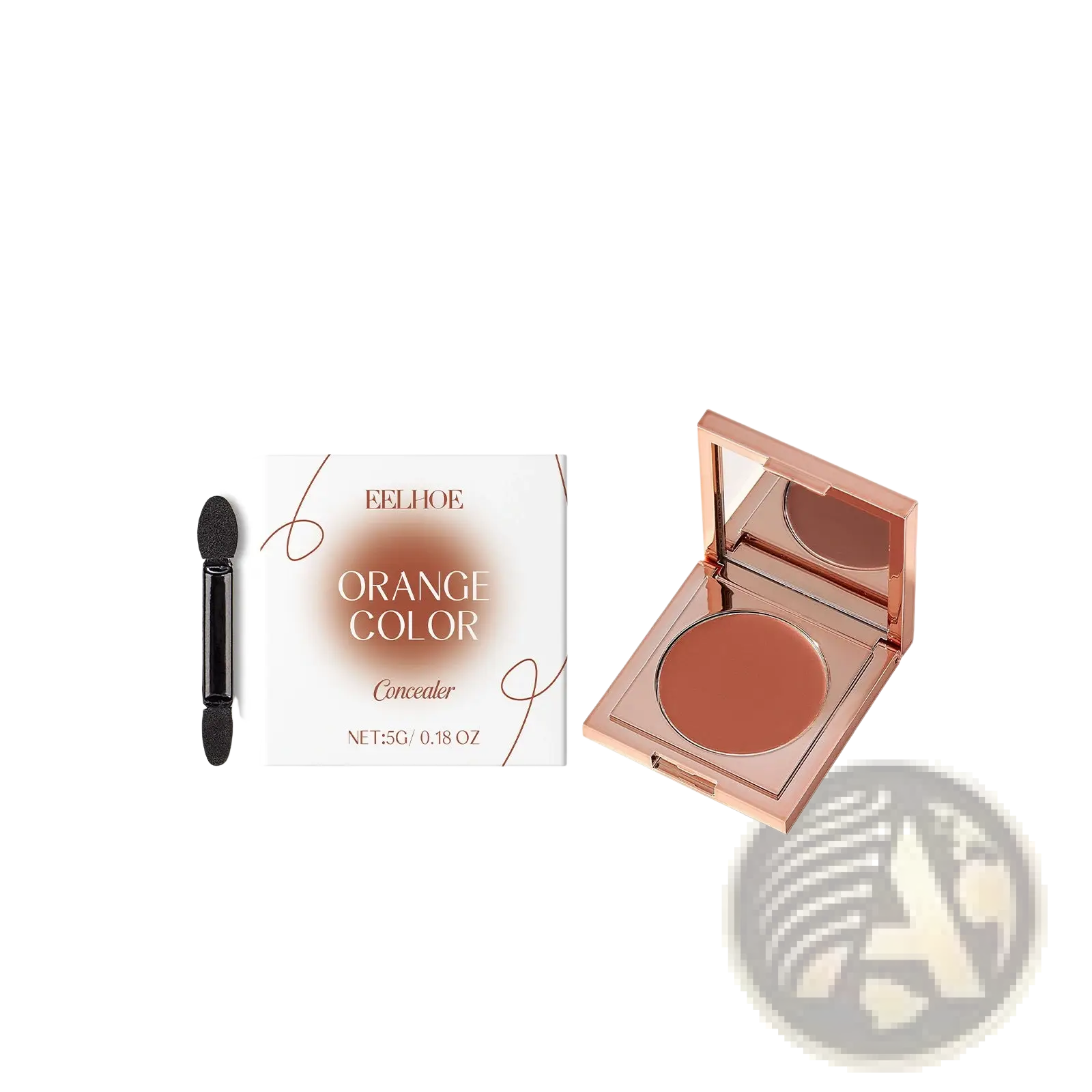 Rose gold compact containing orange eye concealer cream with matching applicator for sensitive skin creamy coverage