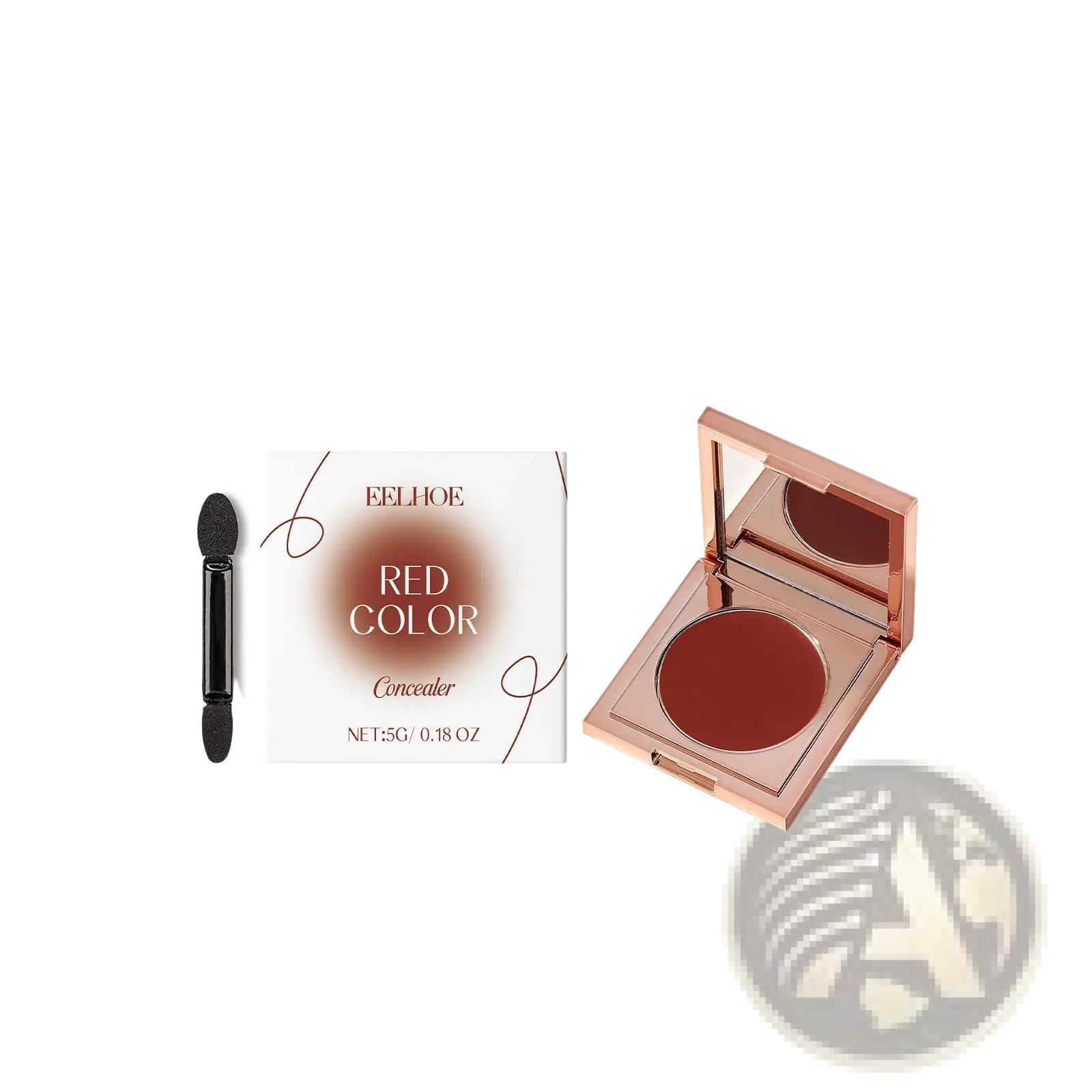 Rose gold compact containing rich red creamy eye concealer with matching applicator for sensitive skin coverage