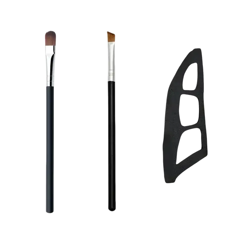 Set of three black-handled makeup brushes with silver ferrules and natural bristles plus matching eye makeup kit palette