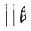 Set of three black-handled makeup brushes with silver ferrules and natural bristles plus matching eye makeup kit palette