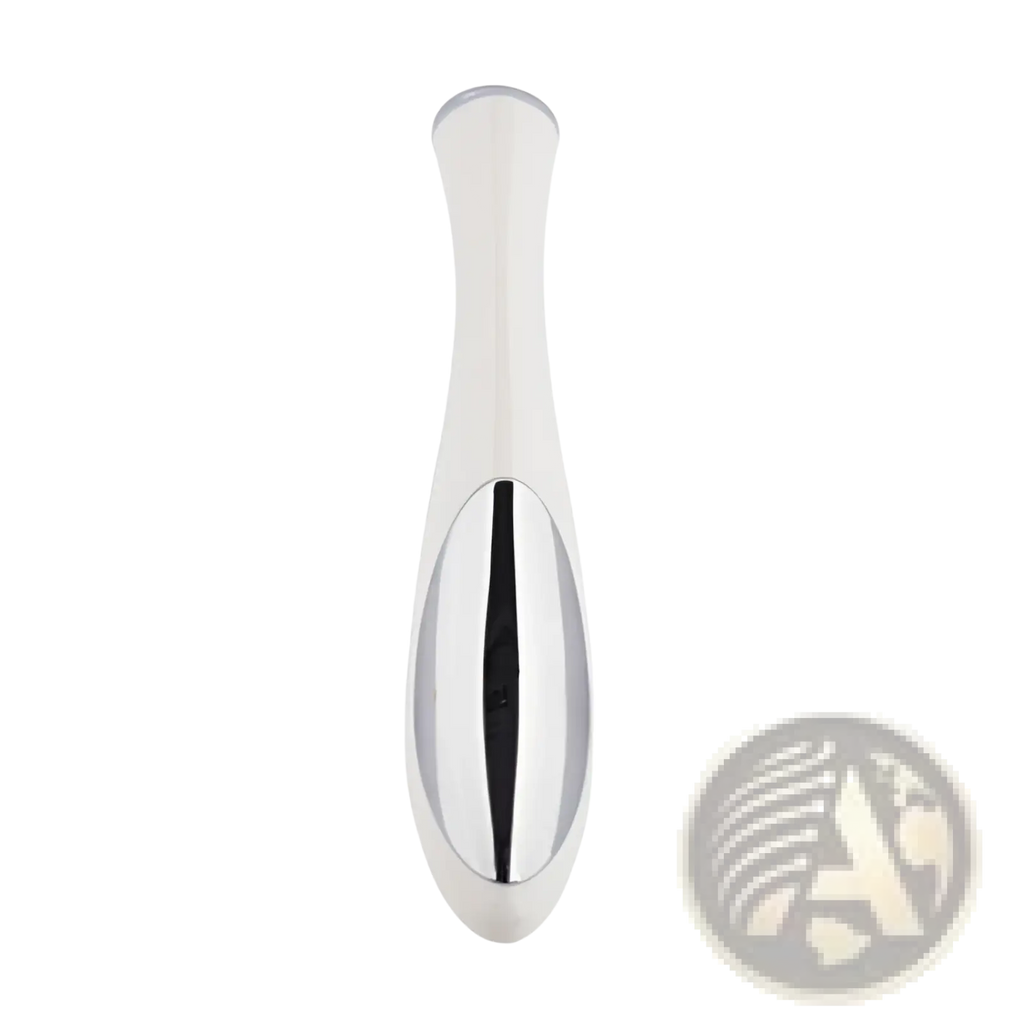 A sleek white and silver eye massager with smooth ergonomic design for wrinkle and dark circle removal