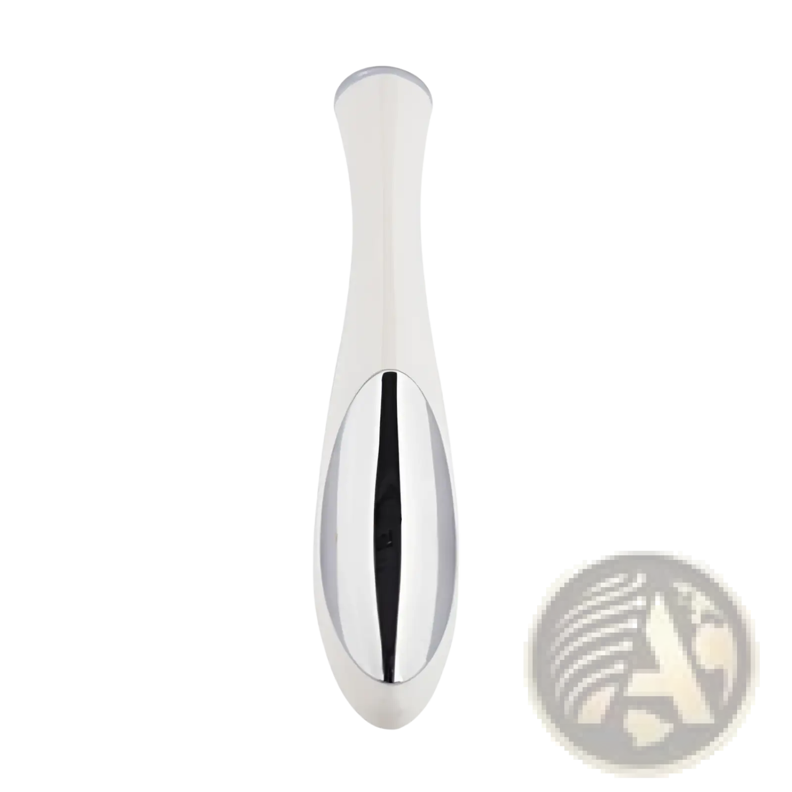 A sleek white and silver eye massager with smooth ergonomic design for wrinkle and dark circle removal