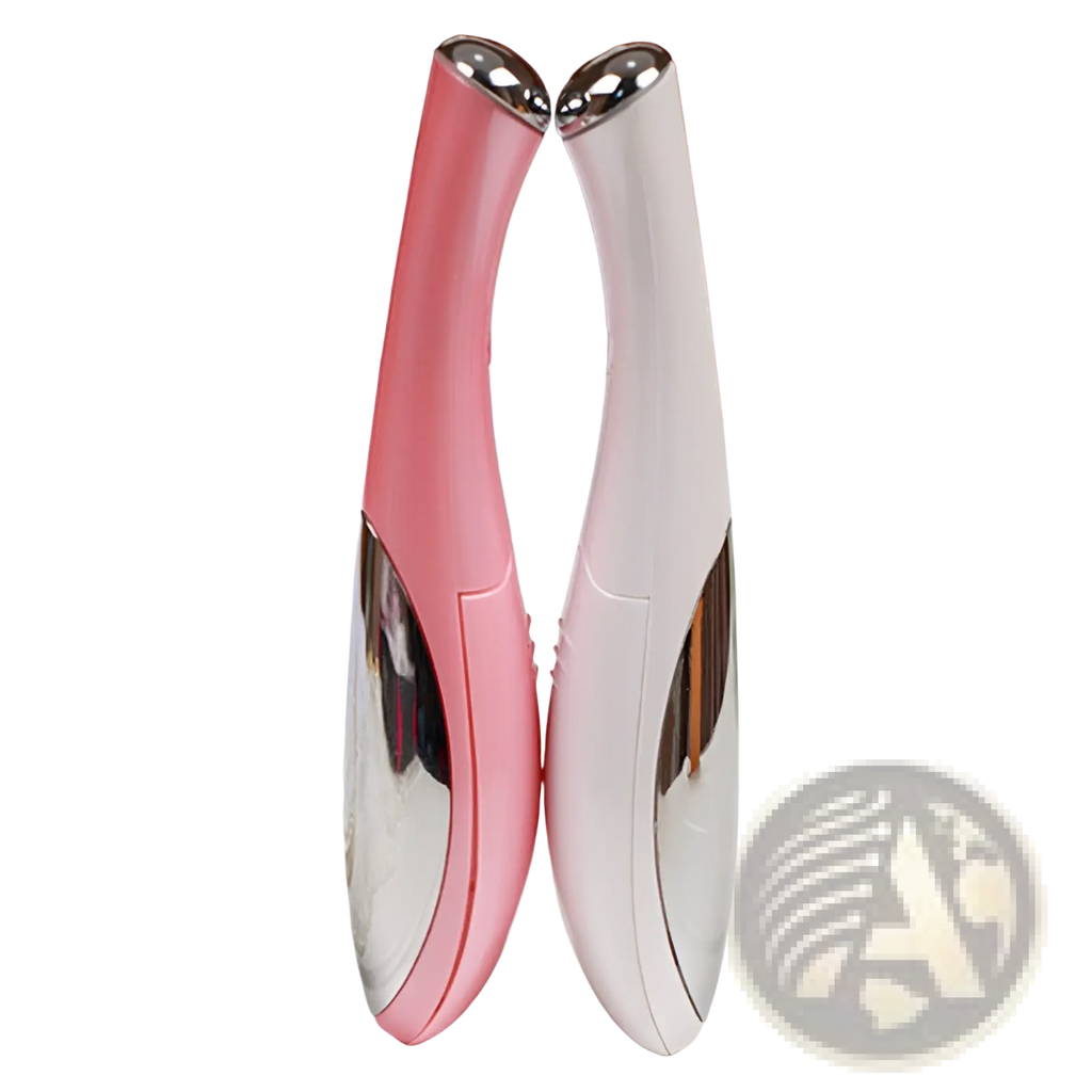 Pink and white eye massager with sleek curved design and metallic silver tips for wrinkle and dark circle removal