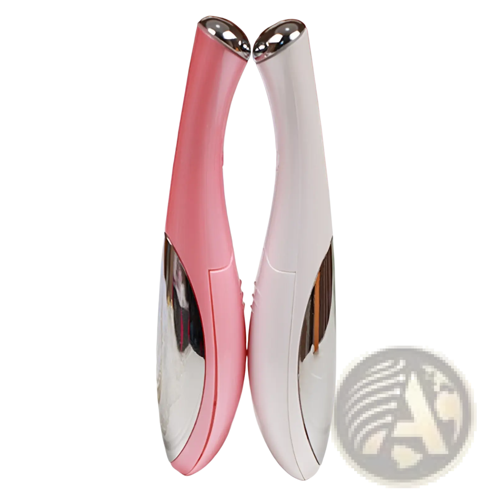 Pink and white eye massager with sleek curved design and metallic silver tips for wrinkle and dark circle removal