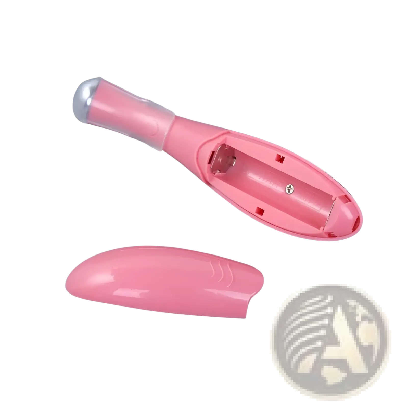 Pink plastic eye massager with silver metallic tip and clear protective cap for wrinkle and dark circle removal