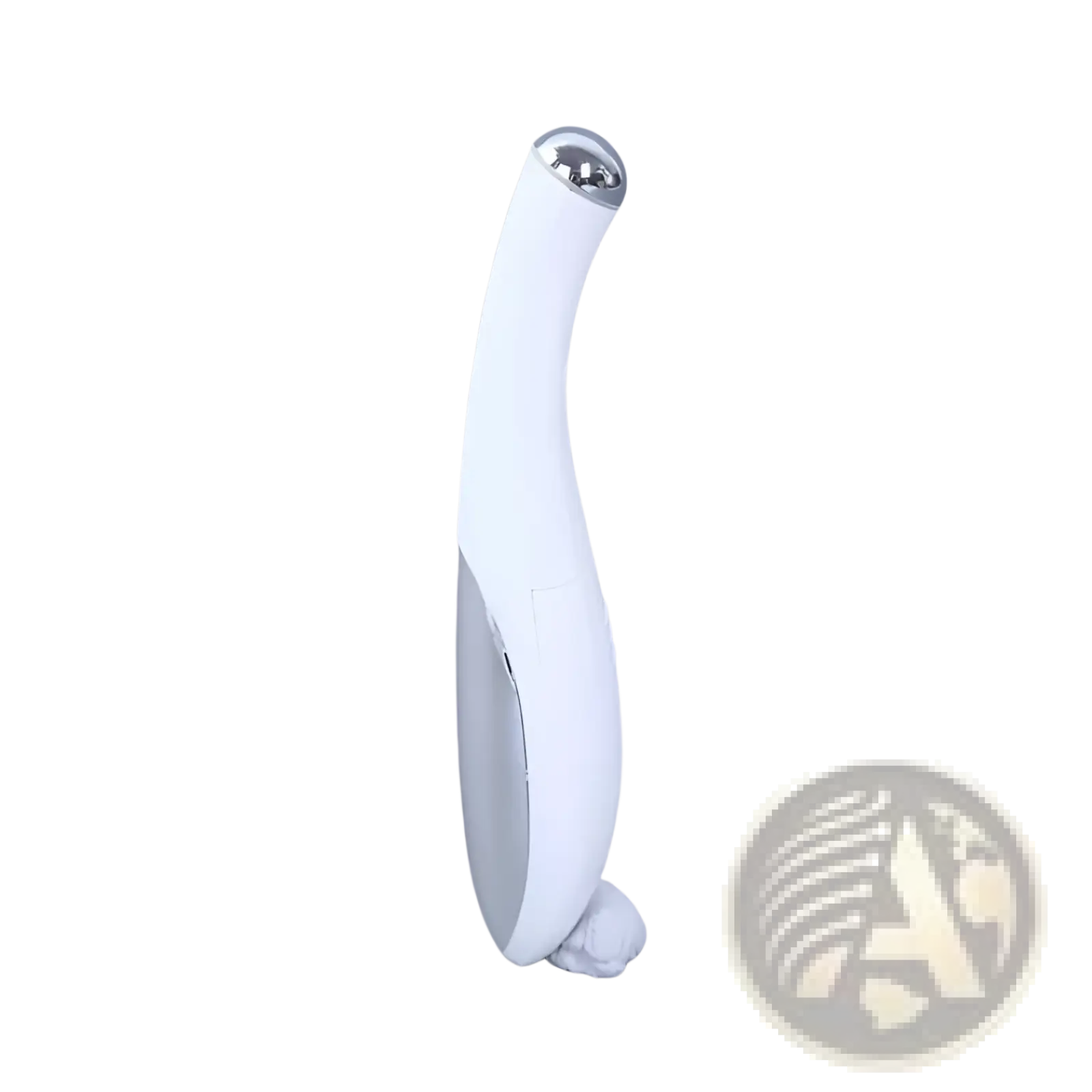 White and silver facial roller eye massager with sleek curved design for wrinkle and dark circle removal