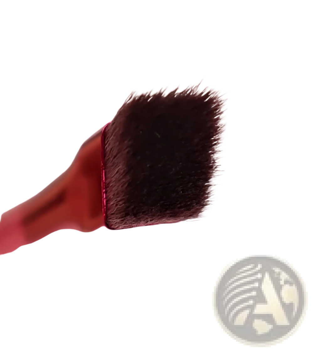 A sleek red-handled eyebrow brush with dense dark brown square tip bristles included in gel set with pink angled applicator