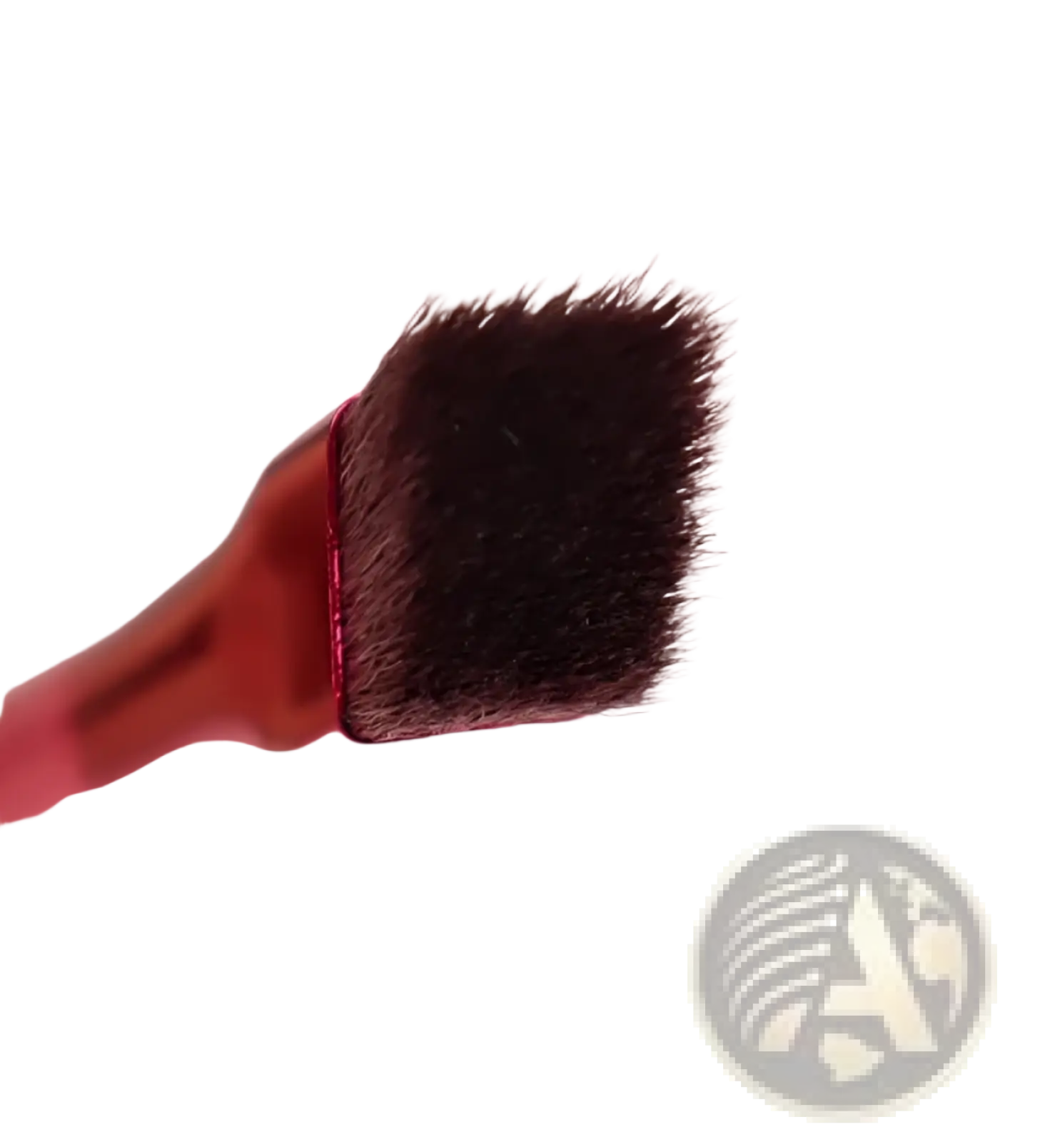 A sleek red-handled eyebrow brush with dense dark brown square tip bristles included in gel set with pink angled applicator