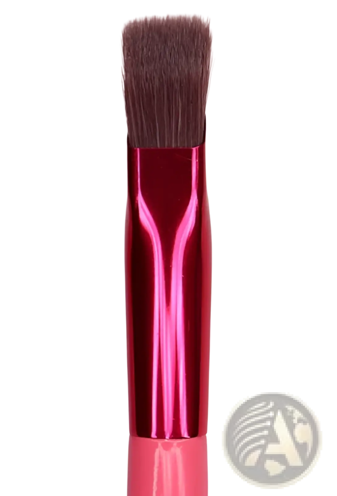 A vibrant pink metallic eyebrow brush with dense dark gray bristles and sleek reflective handle for precise gel application