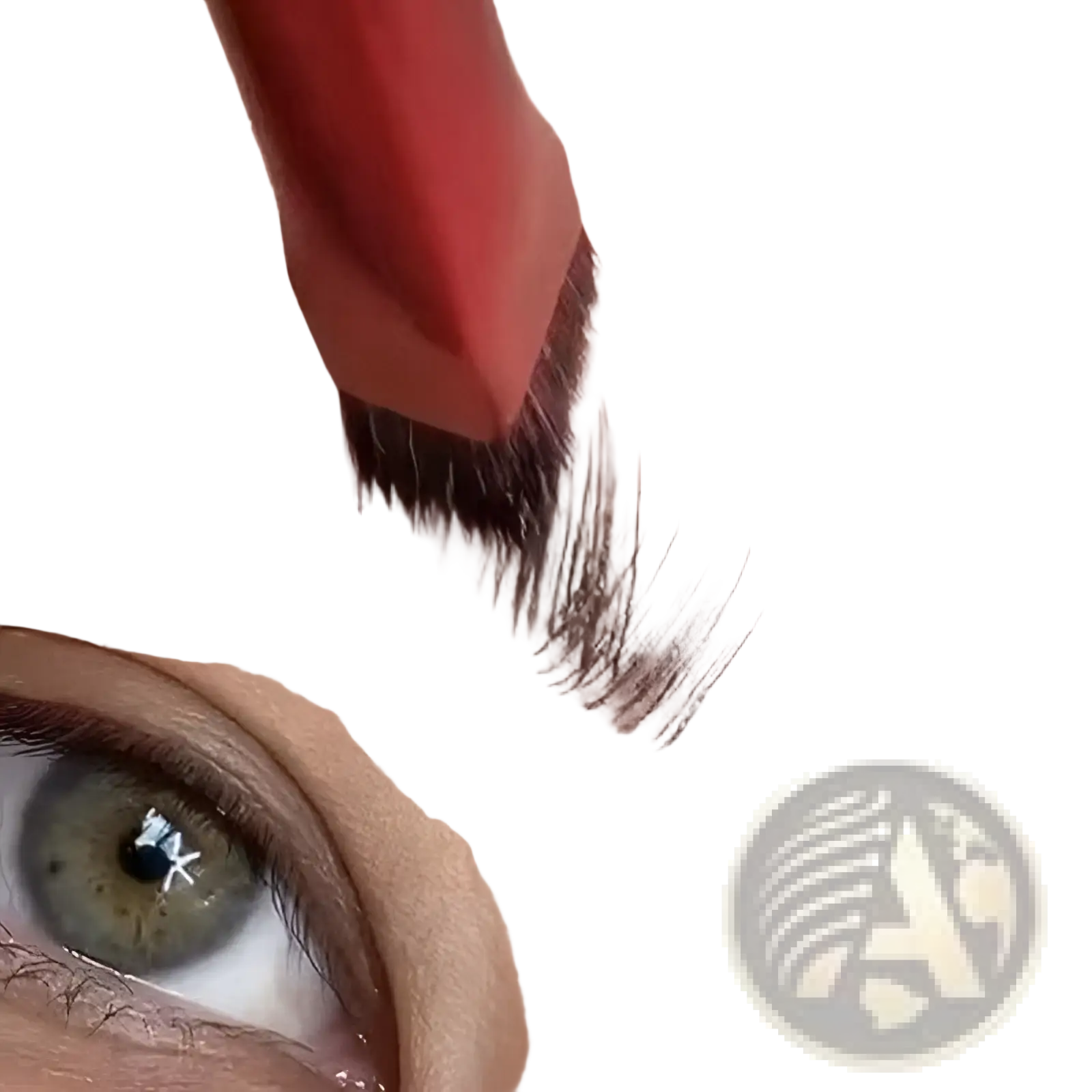 Red-handled eyebrow brush with dense dark bristles grooming eyebrows from eyebrow brush and gel set with pink applicator