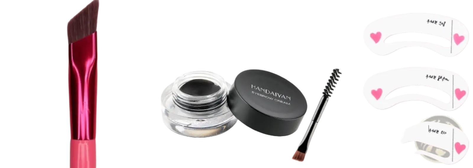 Black eyebrow gel in clear jar with black lid and matching brush handaiyam eyebrow brush and gel set with pink angled applicator