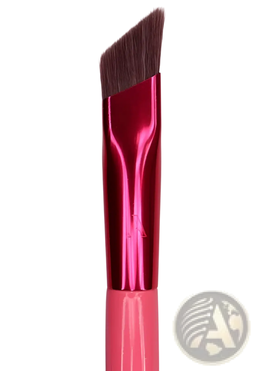 A vibrant pink angled eyebrow brush with glossy metallic handle and dark brown bristles for precise gel application