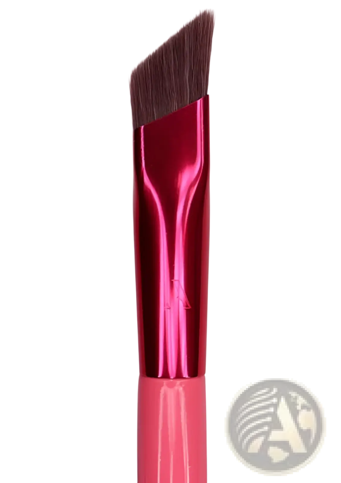 A vibrant pink angled eyebrow brush with glossy metallic handle and dark brown bristles for precise gel application