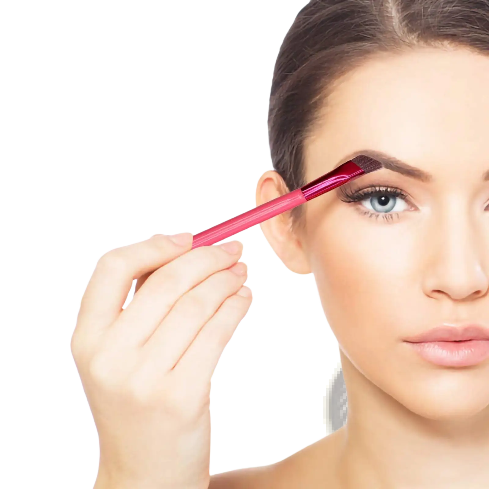A sleek translucent pink angled eyebrow brush with tapered handle and dense bristles for precise gel application