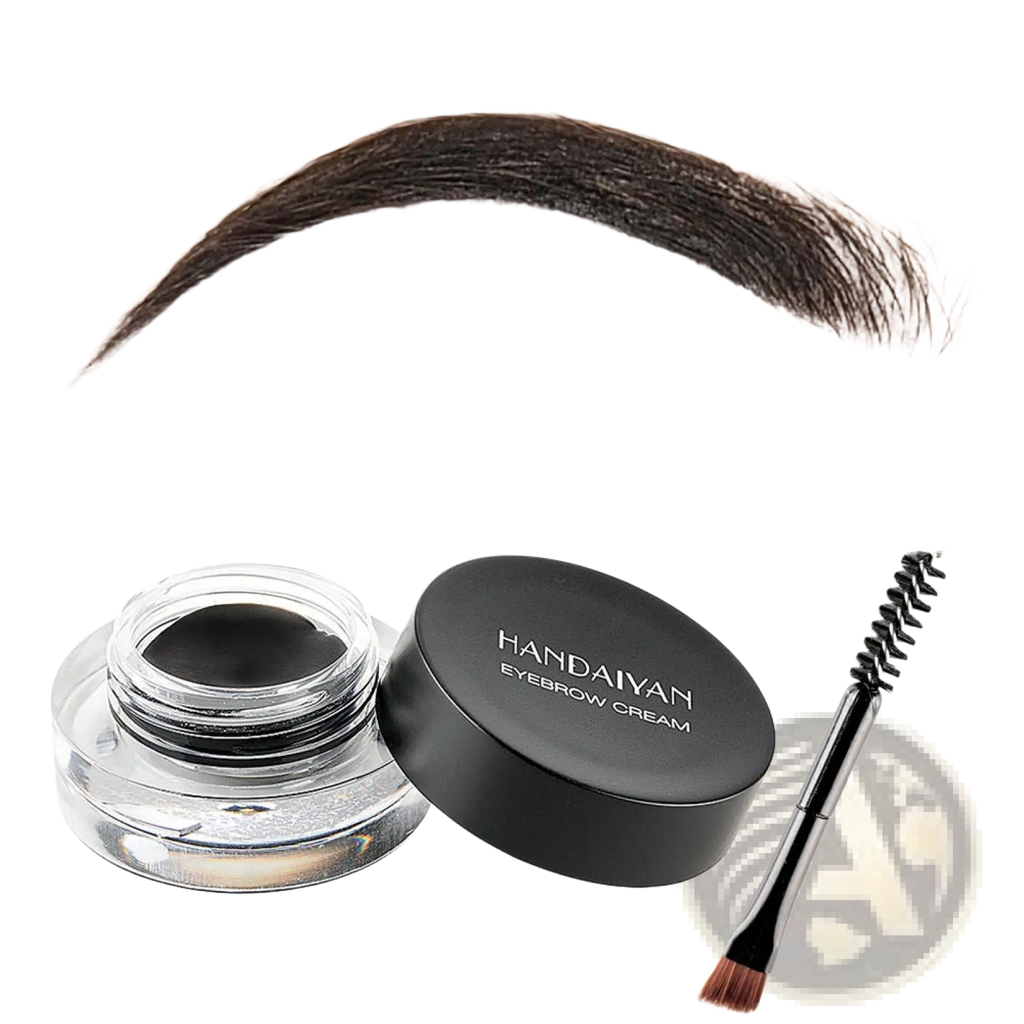 Black handaiyan eyebrow cream in a clear glass jar with black lid beside a pink angled applicator brush set
