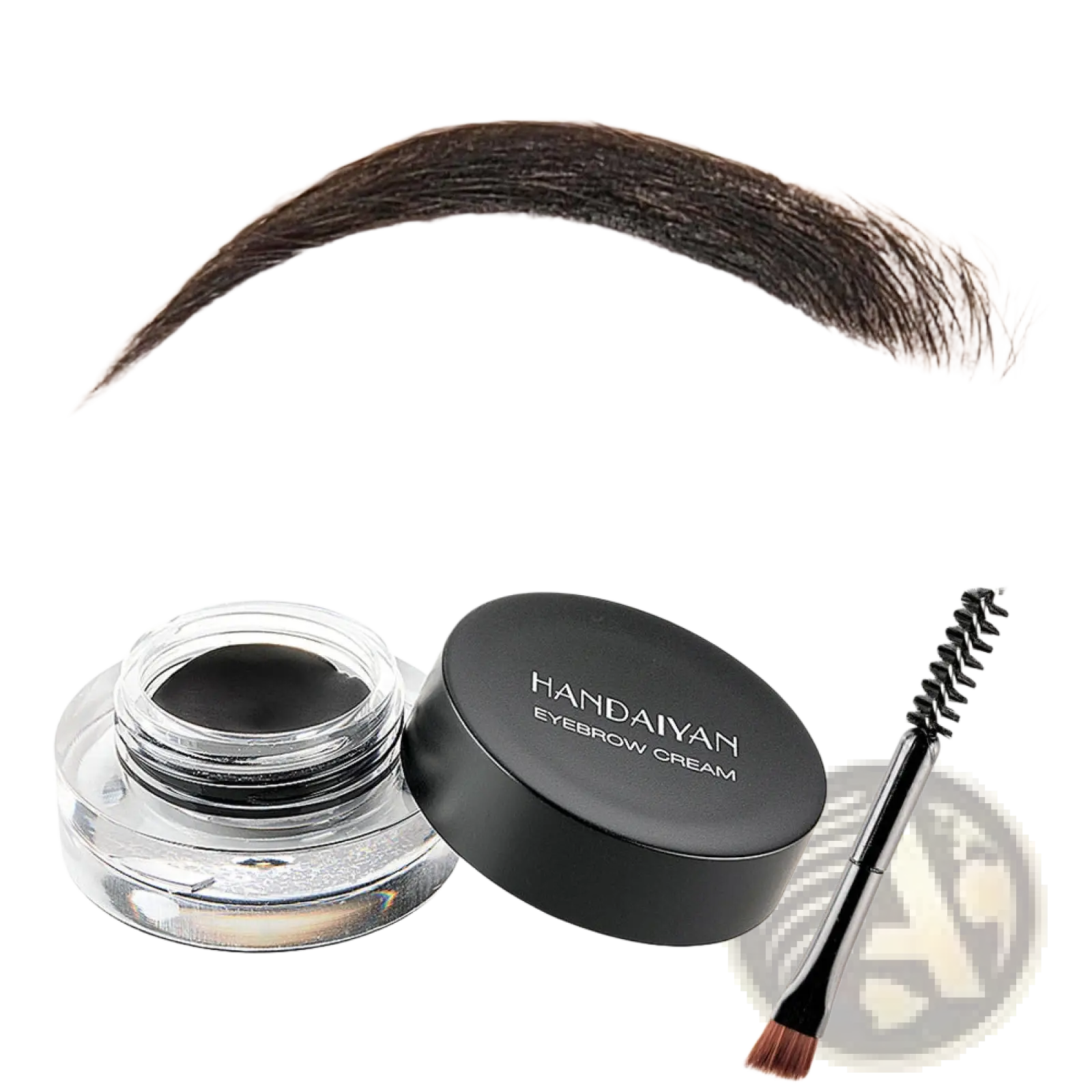 Black handaiyan eyebrow cream in a clear glass jar with black lid beside a pink angled applicator brush set