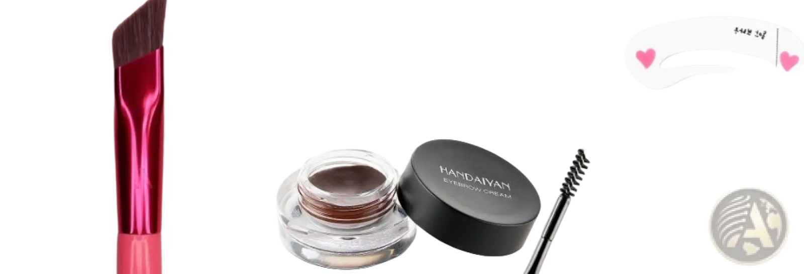Black round lid with mandaiyan brand name for eyebrow brush and gel set with pink angled applicator