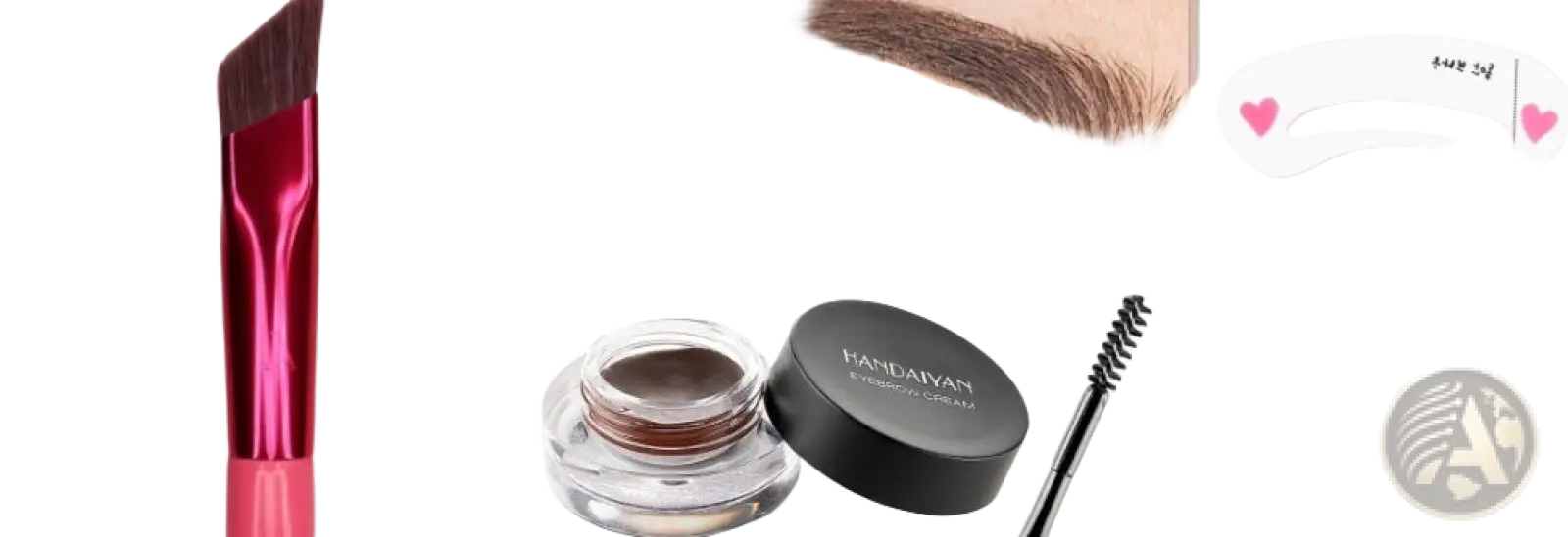 Eyebrow brush and gel set with dark brown glossy gel in a clear glass jar and pink angled applicator brush