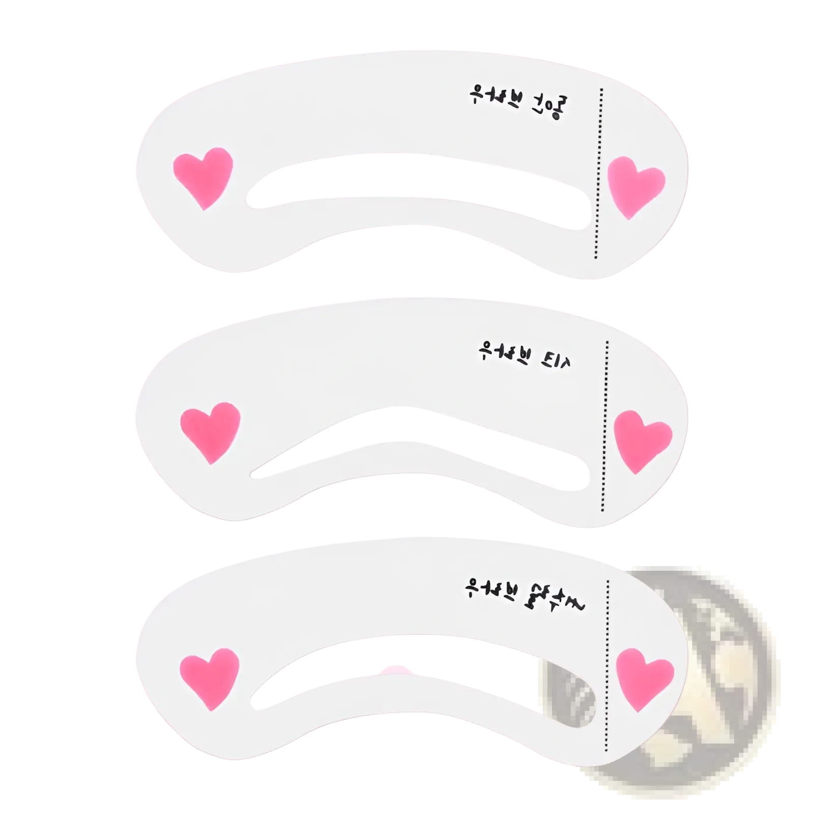 White eyebrow shaping templates with pink heart decals and black korean text included in eyebrow brush and gel set