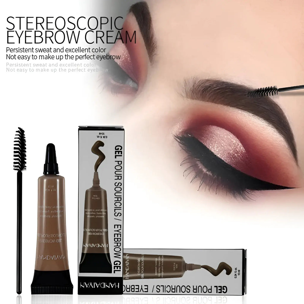 Brown gel eyebrow cream in black tube with brush and sleek white and brown boxes for waterproof tint tattoo kit