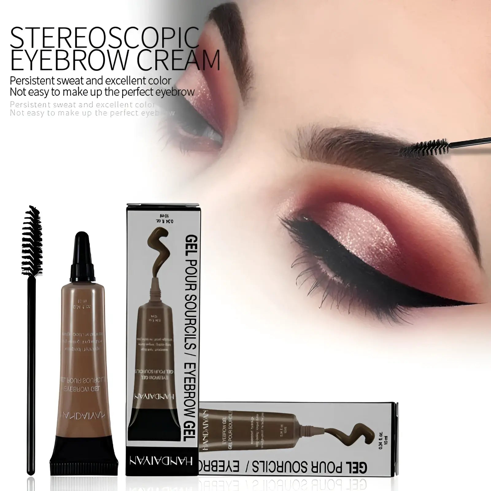 Brown gel eyebrow cream in black tube with brush and sleek white and brown boxes for waterproof tint tattoo kit