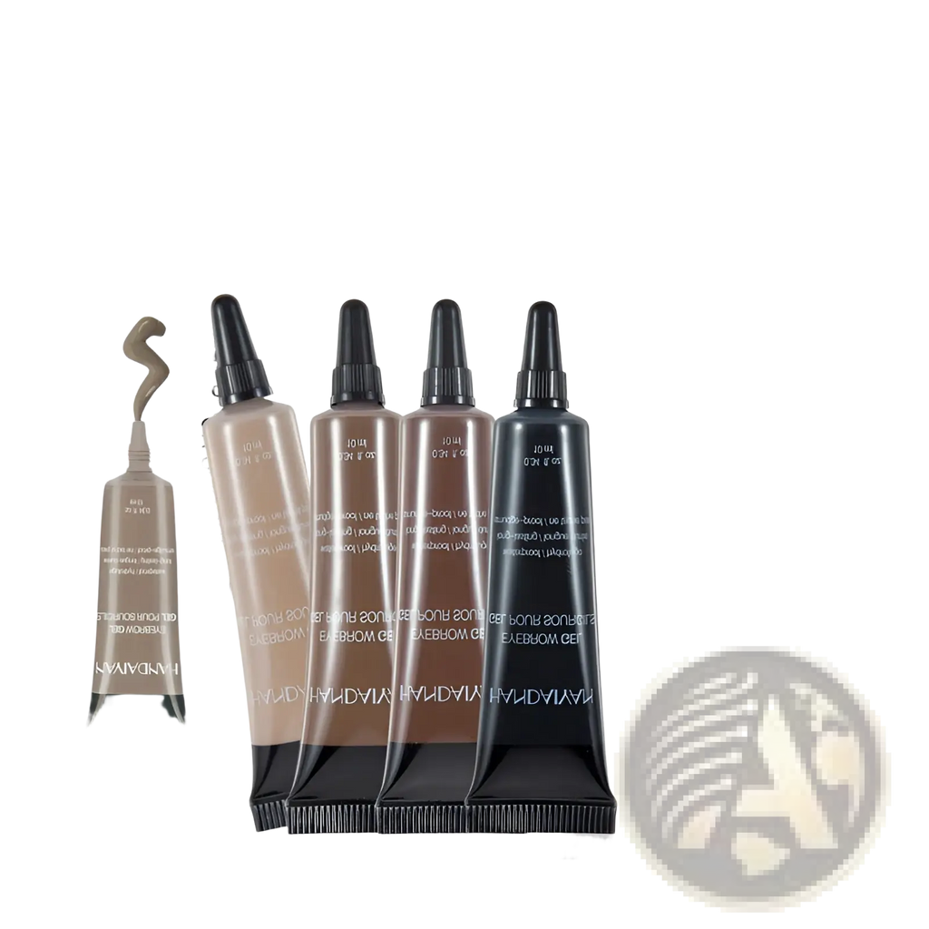 Set of four handayan eyebrow henna gel tubes in light to dark brown shades with black caps for waterproof liquid tint tattoo use