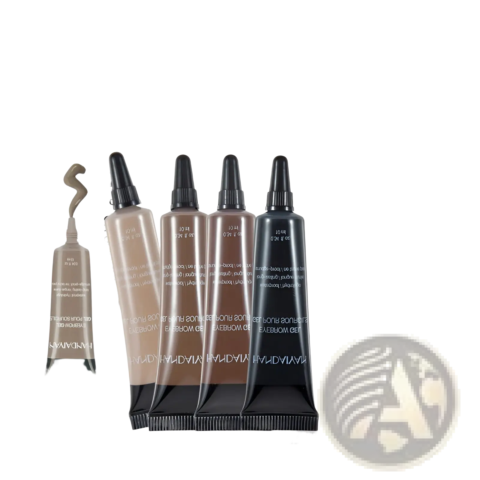 Set of four handayan eyebrow henna gel tubes in light to dark brown shades with black caps for waterproof liquid tint tattoo use