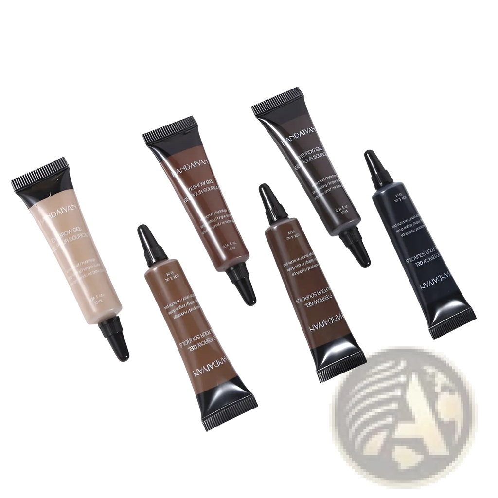 Set of six black-tubed mandayan concealer gel tubes in beige and brown shades for eyebrow henna gel waterproof tint kit