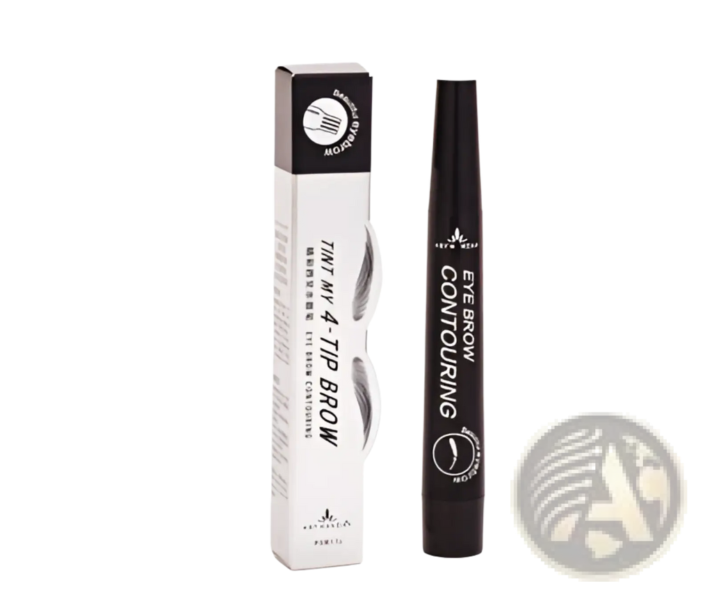 Black cylindrical eyebrow pencil with waterproof long lasting formula and sleek matte finish featuring silver text detailing