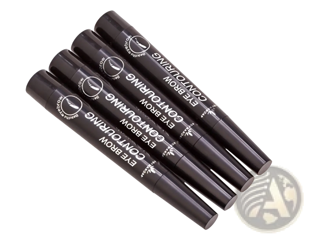 Black waterproof long lasting eyebrow pencil with white text labeling and sleek cylindrical contouring design