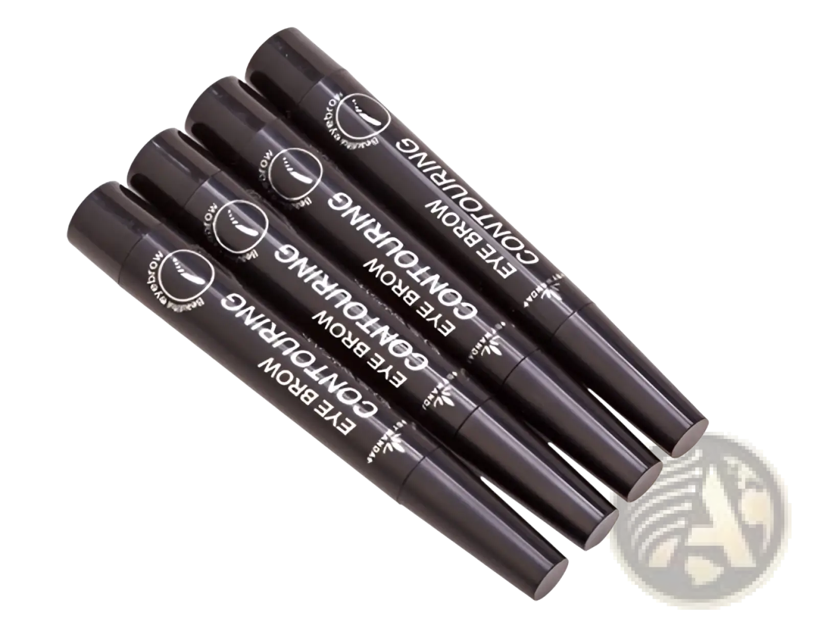 Black waterproof long lasting eyebrow pencil with white text labeling and sleek cylindrical contouring design