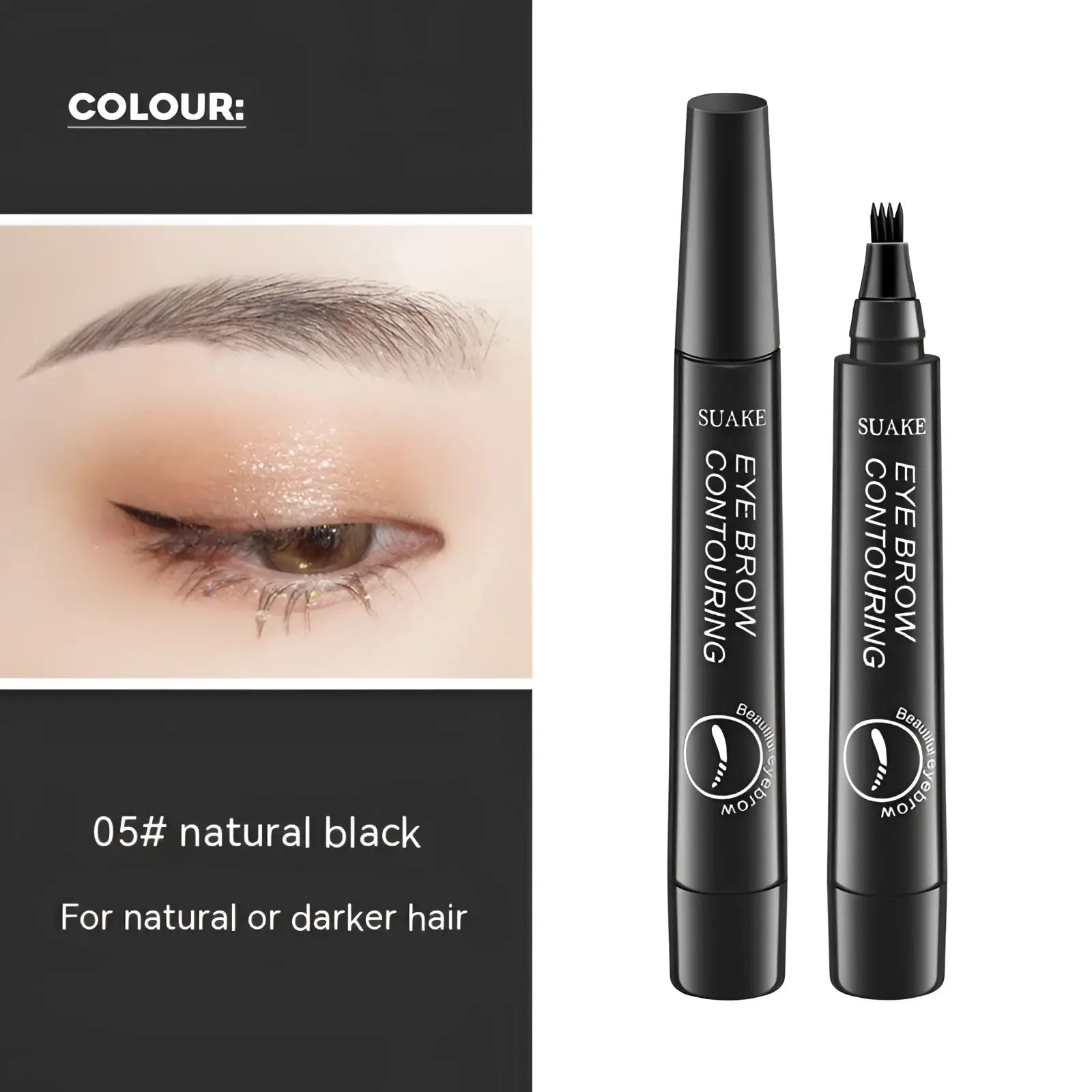 Black suake waterproof eyebrow pencil with fine brush tip and rounded cap for natural or darker hair contouring