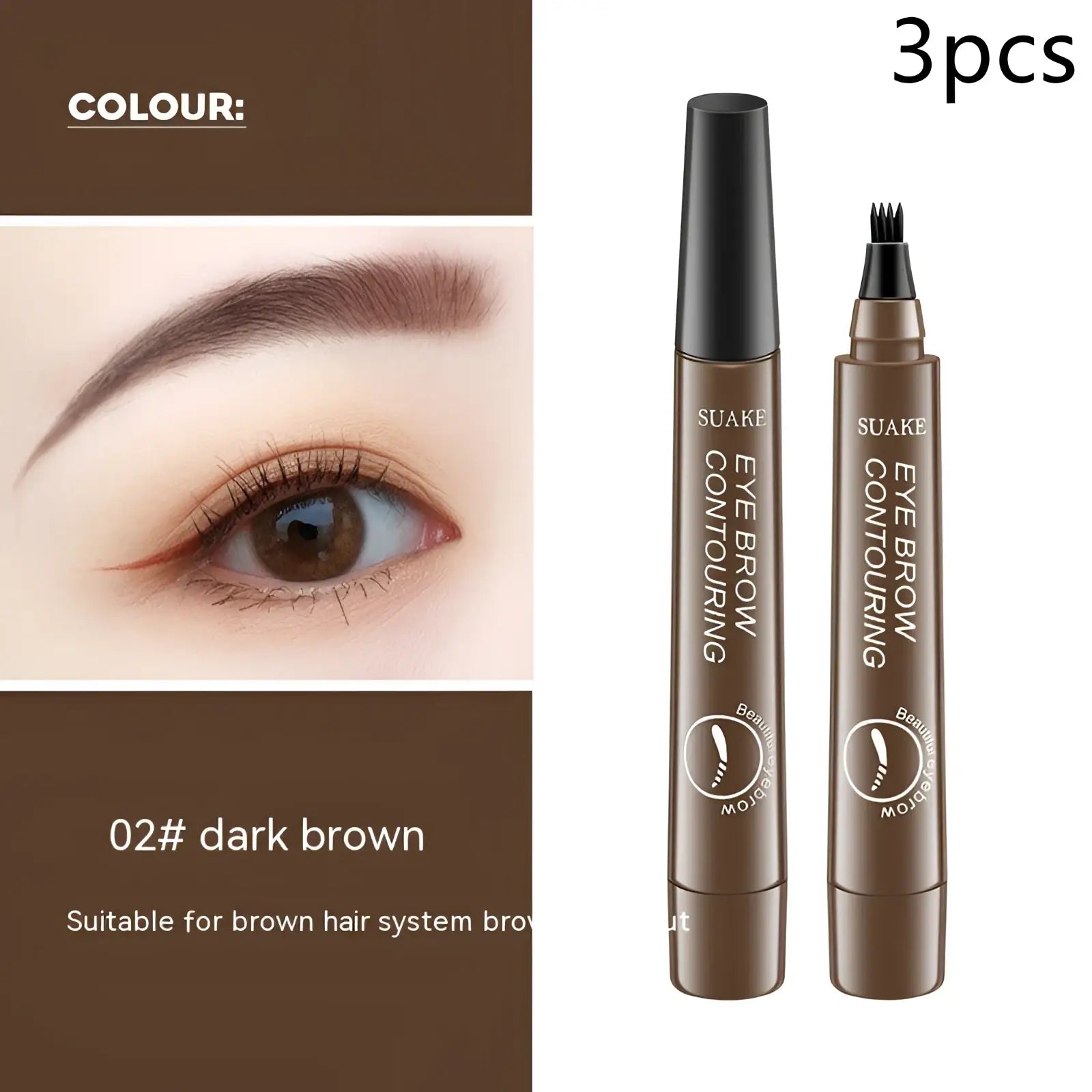 Dark brown suake eyebrow pencil waterproof long lasting set with two sleek cylindrical contouring pens and fine-tipped brushes