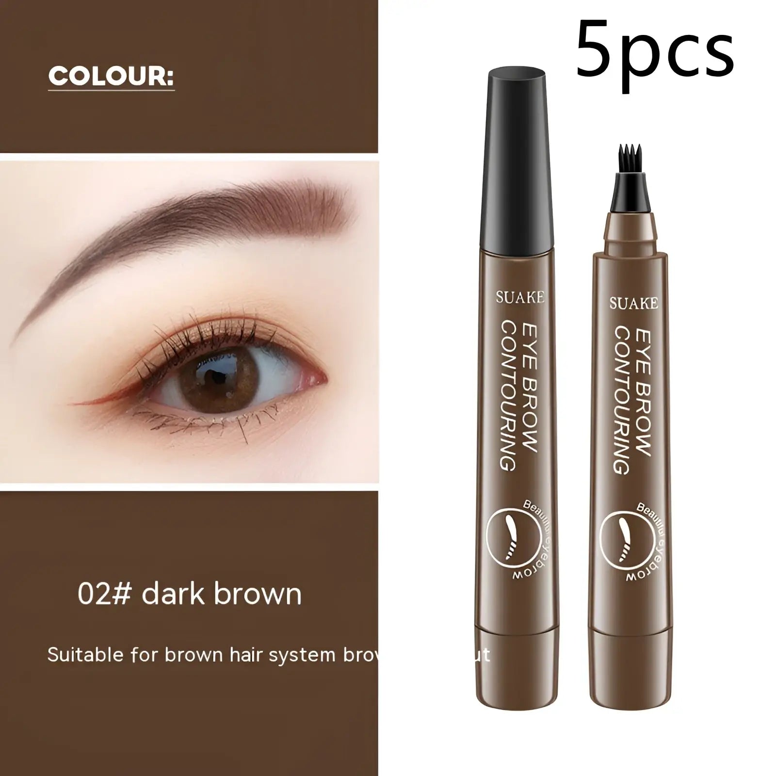 Dark brown suake eyebrow contouring pen set with two metallic applicators and precise brush tips for detailed grooming