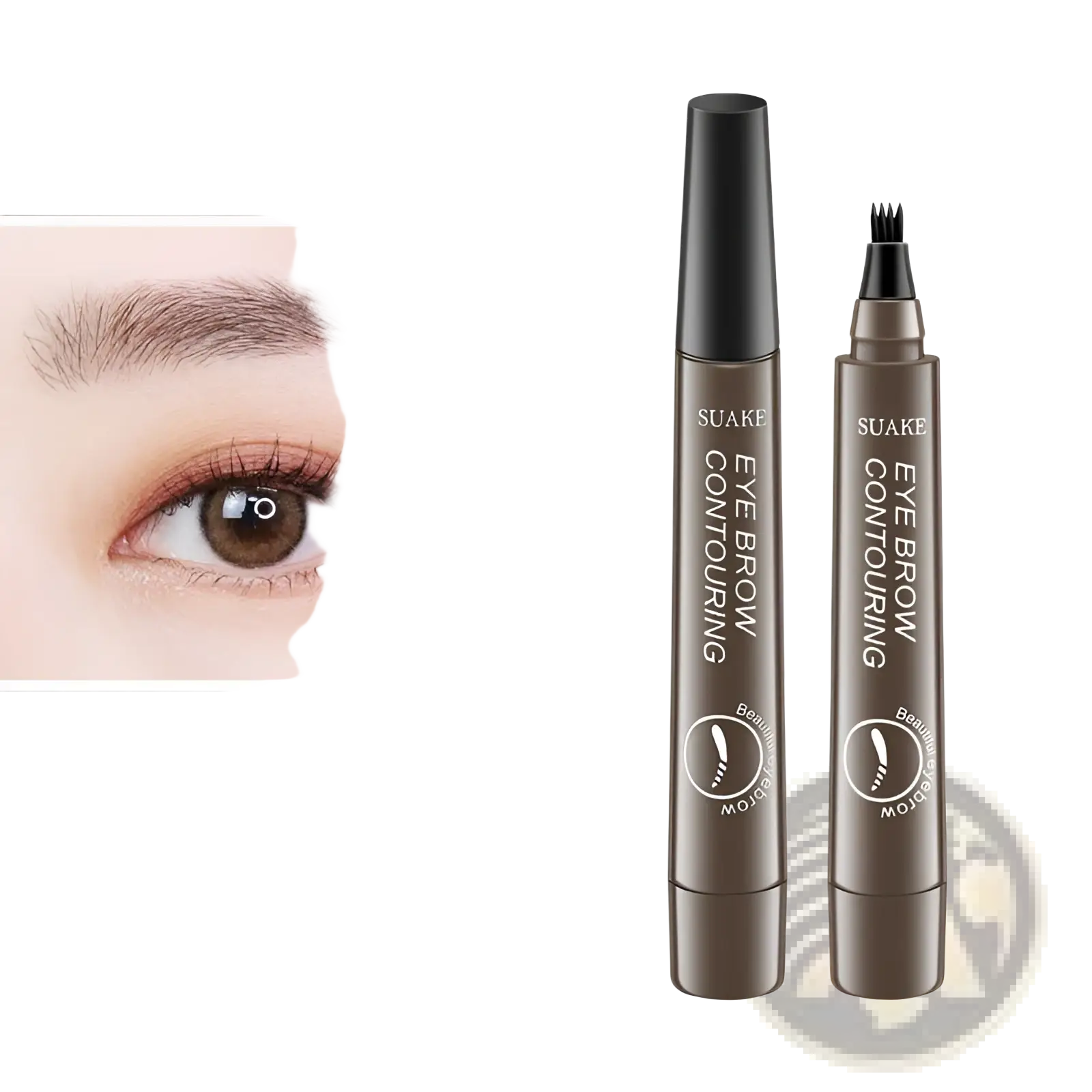 Gray brown suake eyebrow contouring pen set with two sleek metallic waterproof long lasting applicators for precise grooming