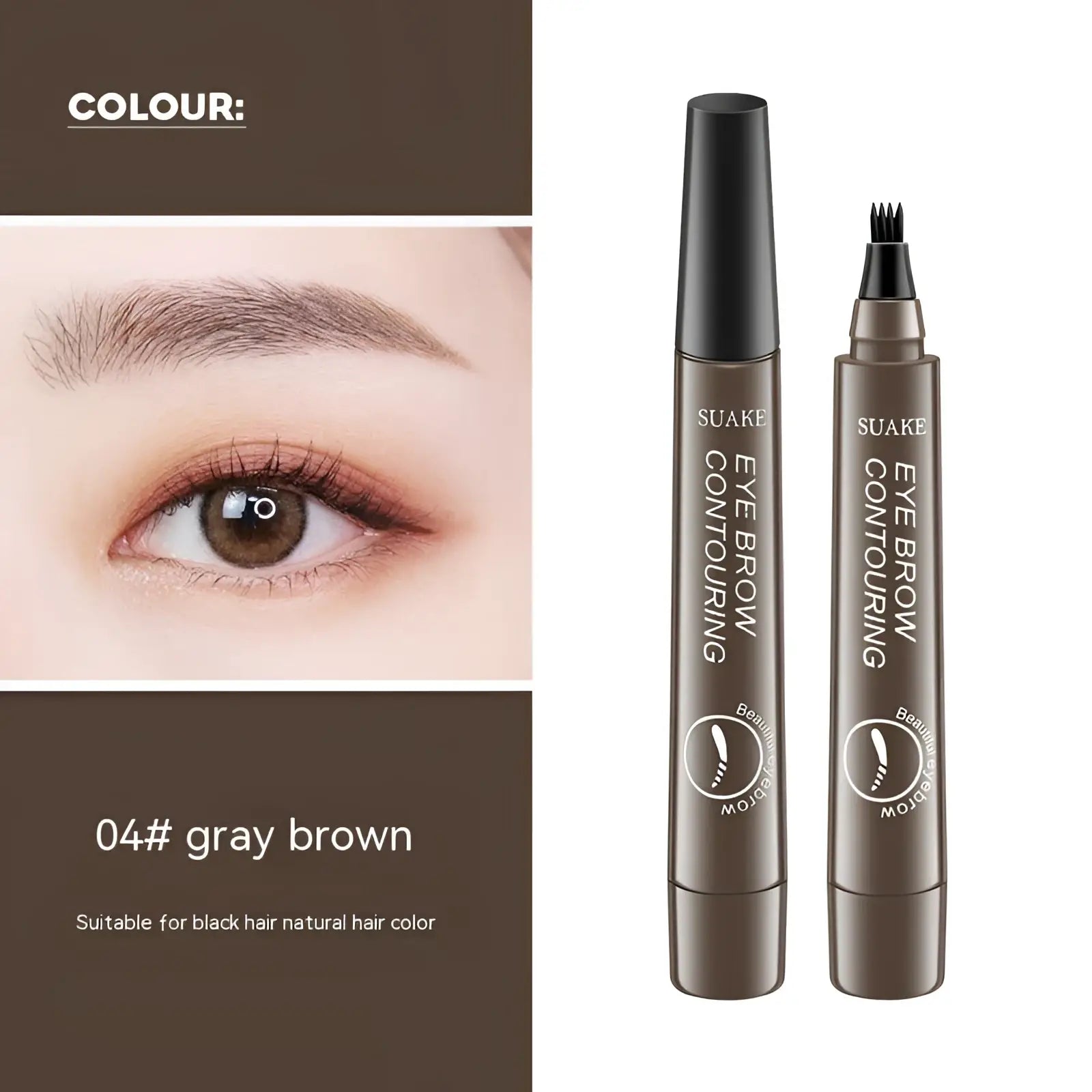 Gray brown eyebrow contouring pen with waterproof long lasting formula and dual-tip metallic finish applicator