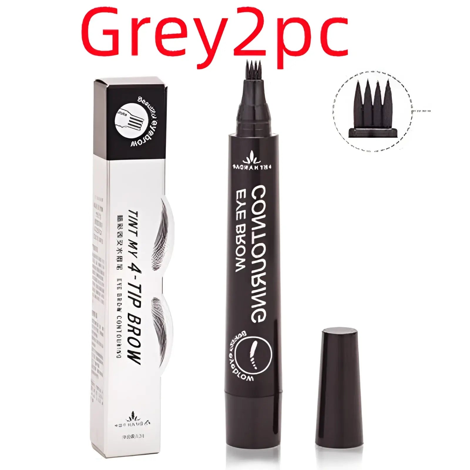 Black waterproof long lasting eyebrow pencil with a fine multi tipped 4 claw applicator and matching cap