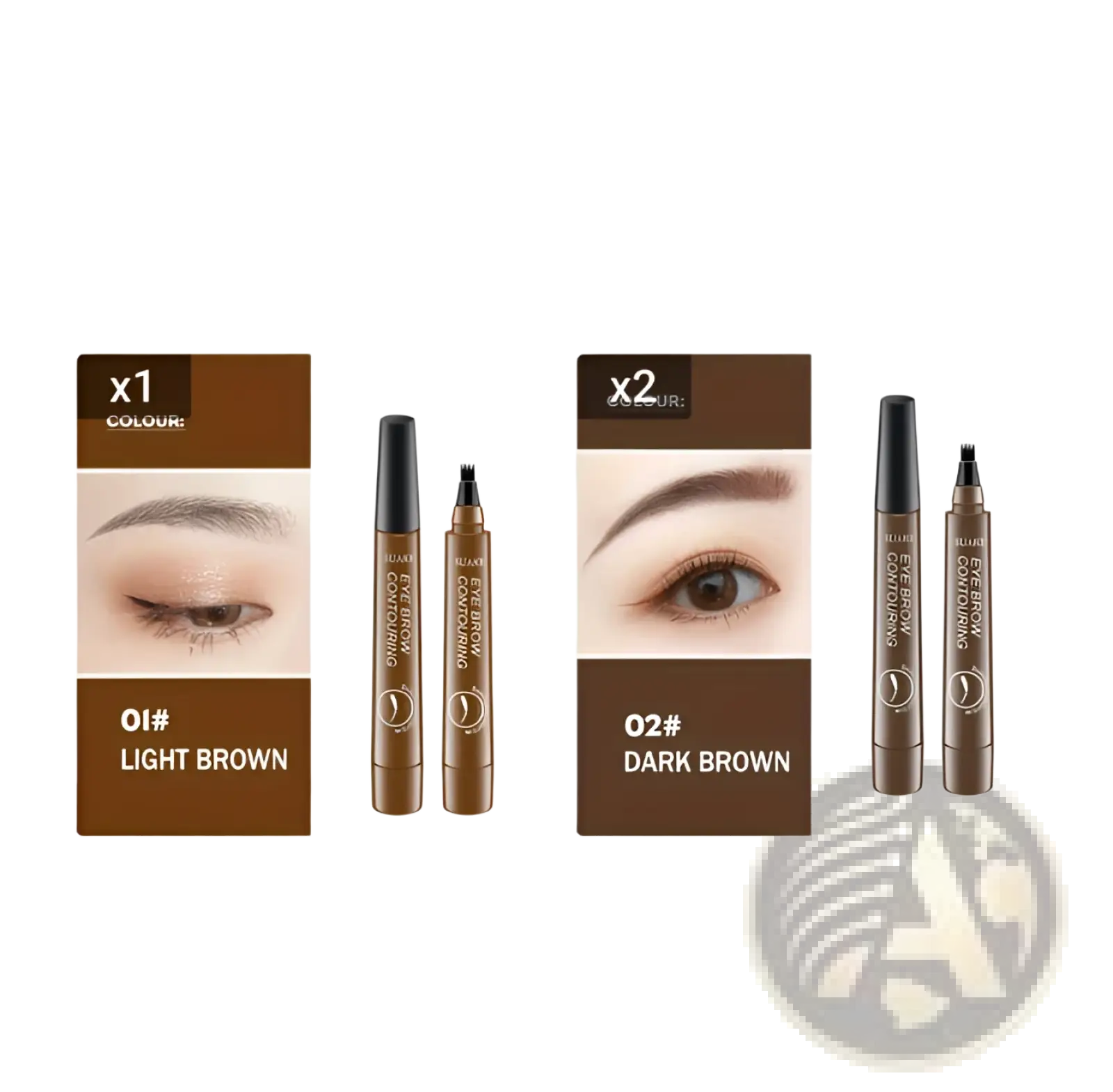 The bundle includes two waterproof long lasting eyebrow contouring pencils in light brown and dark brown shades