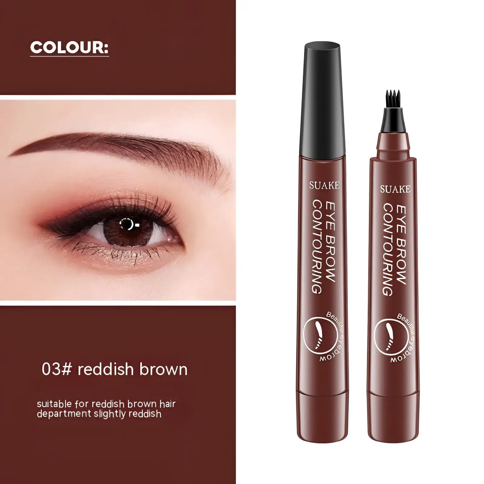 Reddish brown eyebrow pencil waterproof long lasting 4 claw pen with black cap and fine brush tip for contouring