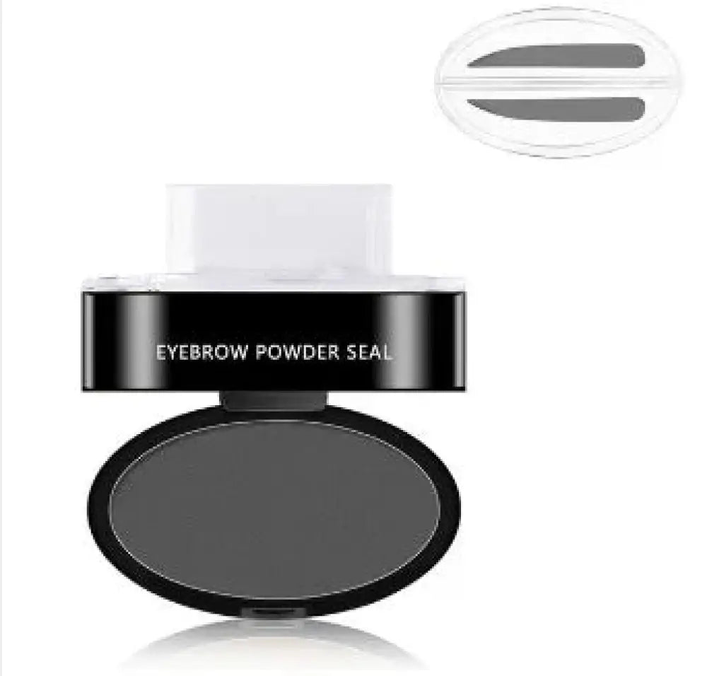 Black oval compact with dark gray eyebrow powder and white lid labeled eyebrow powder seal for professional waterproof use