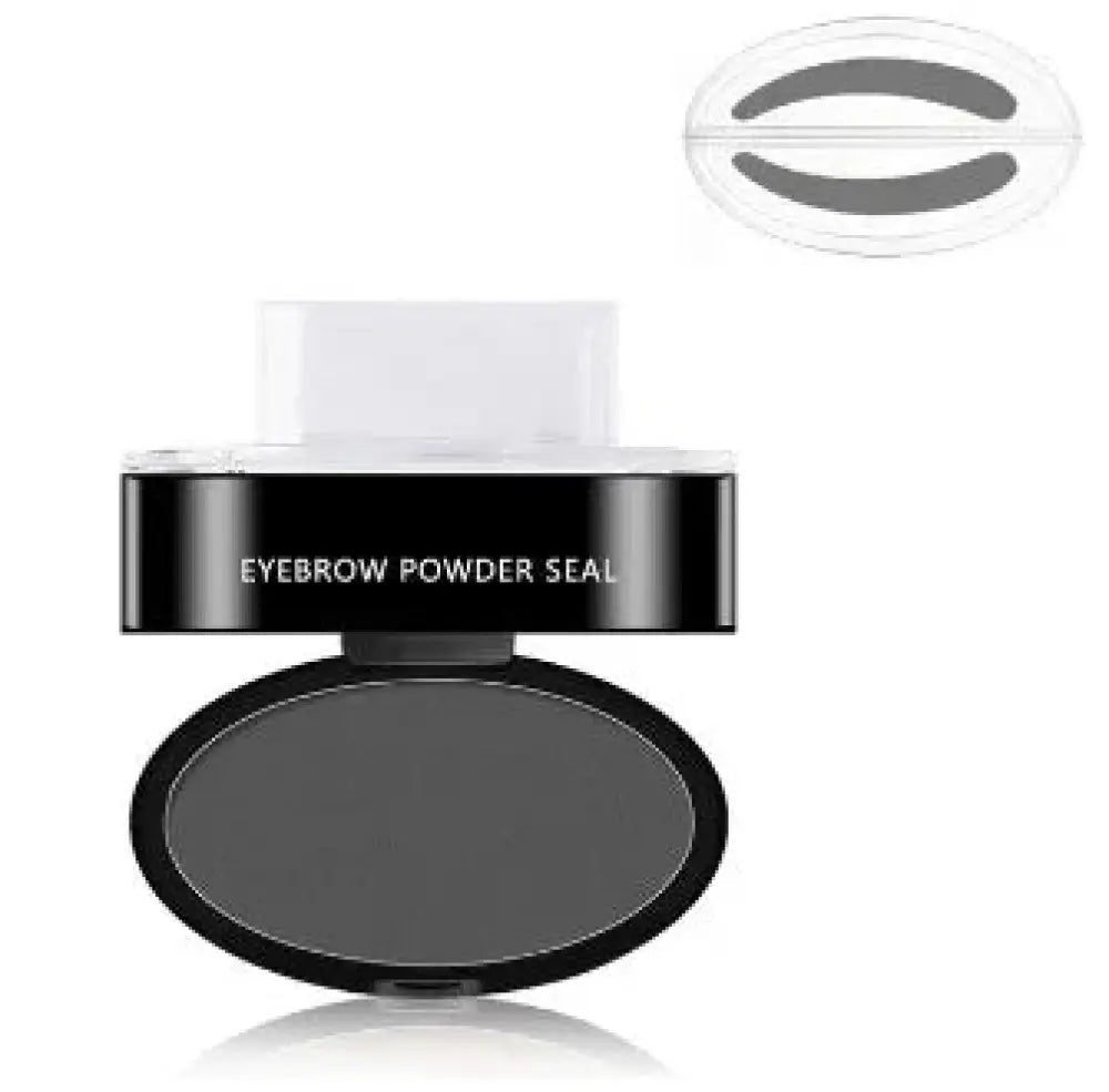 Black oval compact containing dark gray eyebrow powder with black lid and white label for professional waterproof eyebrow stamp and stencil kit