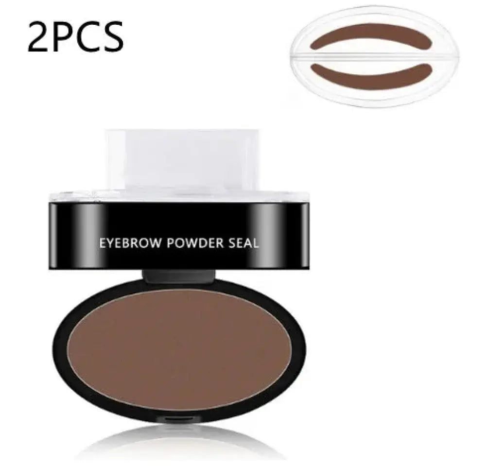 Black oval compact of professional waterproof eyebrow stamp and stencil kit with brown powder and integrated applicator