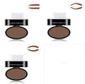 Three black oval eyebrow powder compacts with brown powder and clear eyebrow-shaped applicators for waterproof stamping