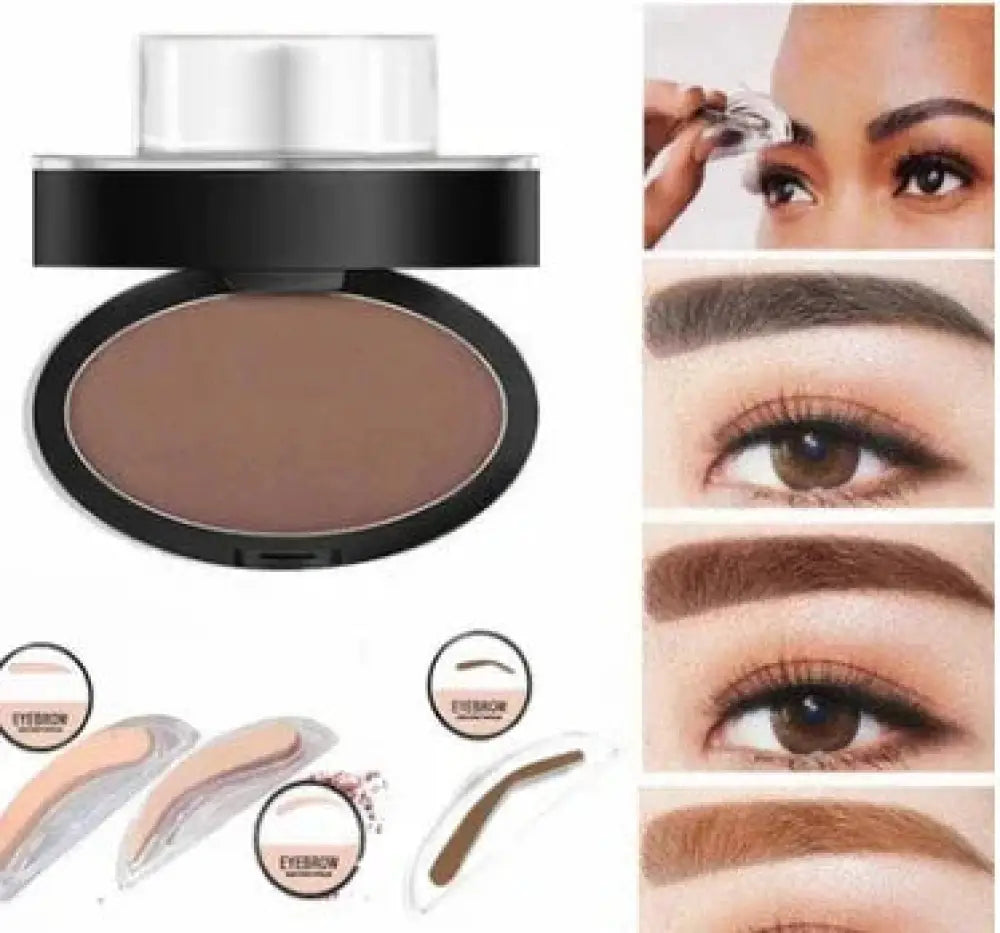 A sleek black compact containing matte brown eyebrow powder with clear lid and shaping tools from a waterproof eyebrow stamp kit