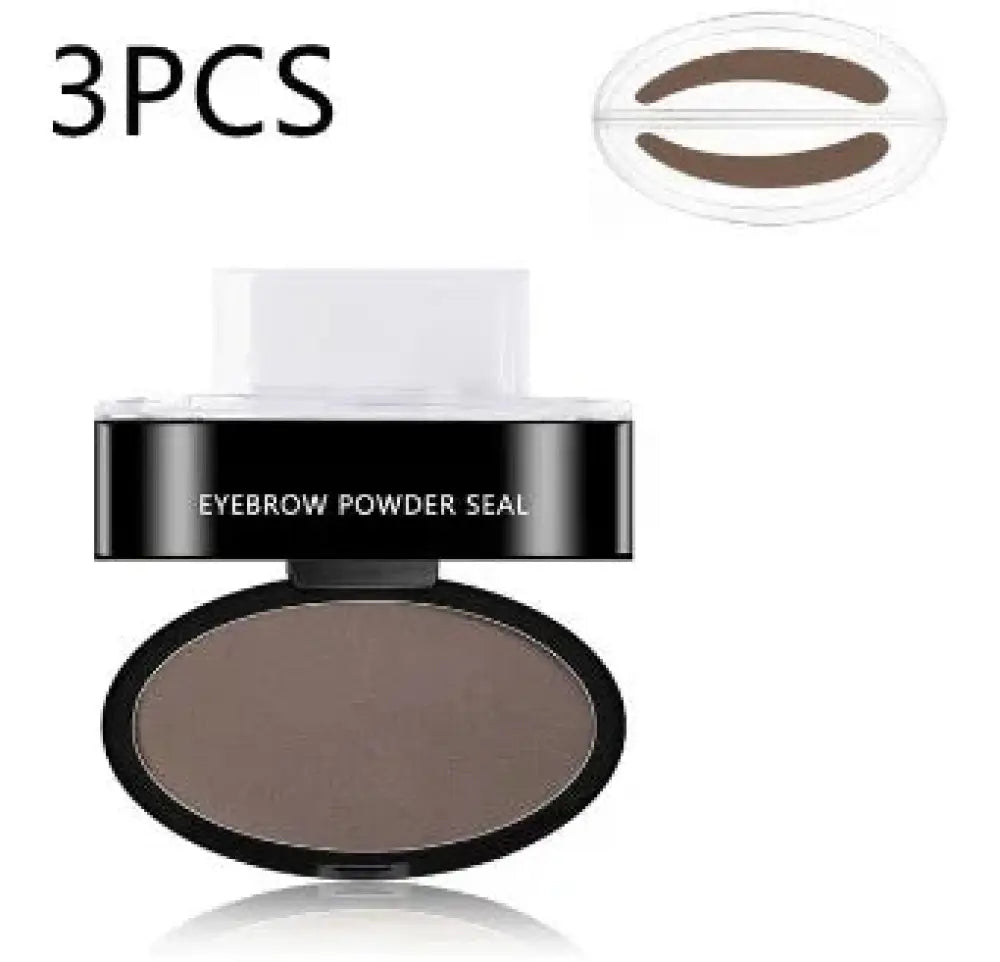 Black oval compact containing brown eyebrow powder from professional waterproof eyebrow stamp and stencil kit