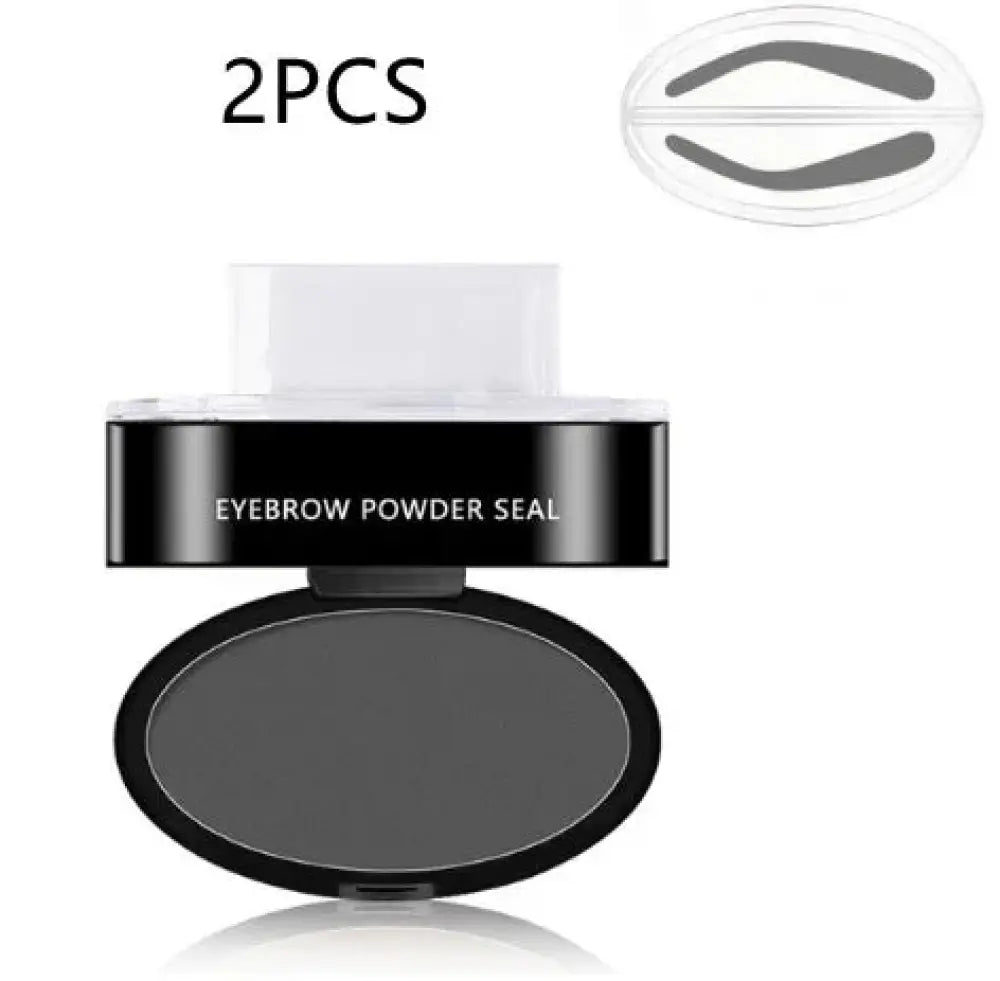 Black oval waterproof eyebrow powder seal with white lid and clear top featuring two pre-cut eyebrow shaping templates